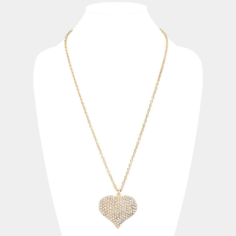 FASHNZFAB Crystal Pave Heart Pendant Long Necklace