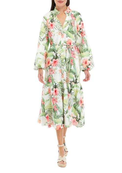 Tommy Bahama Bahama Womens Daybreak Hibiscus Long Sleeve Midi Dress 1