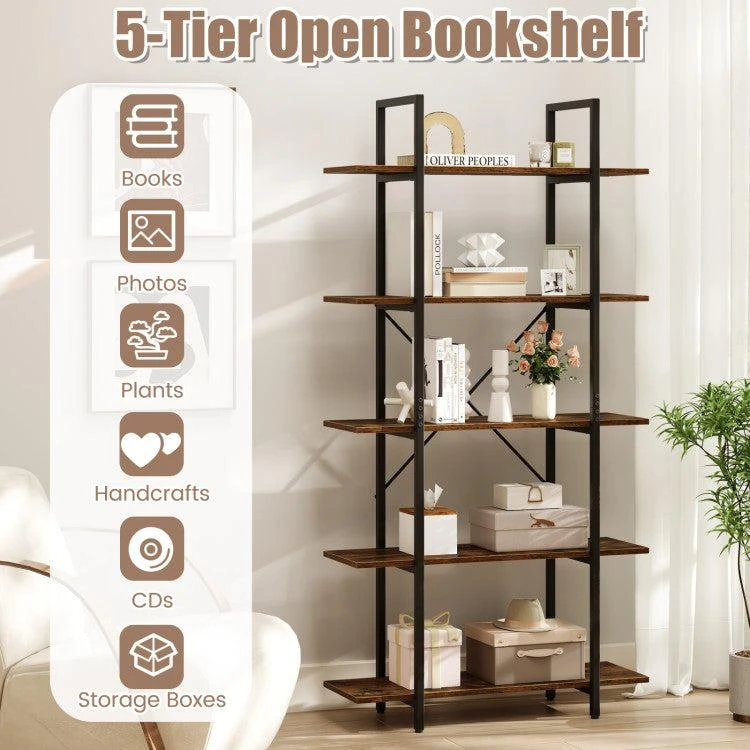 Hivvago 5-Tier 62 Inch Tall Vintage Industrial Bookcase with Open Storage Shelves-Rustic Brown 3