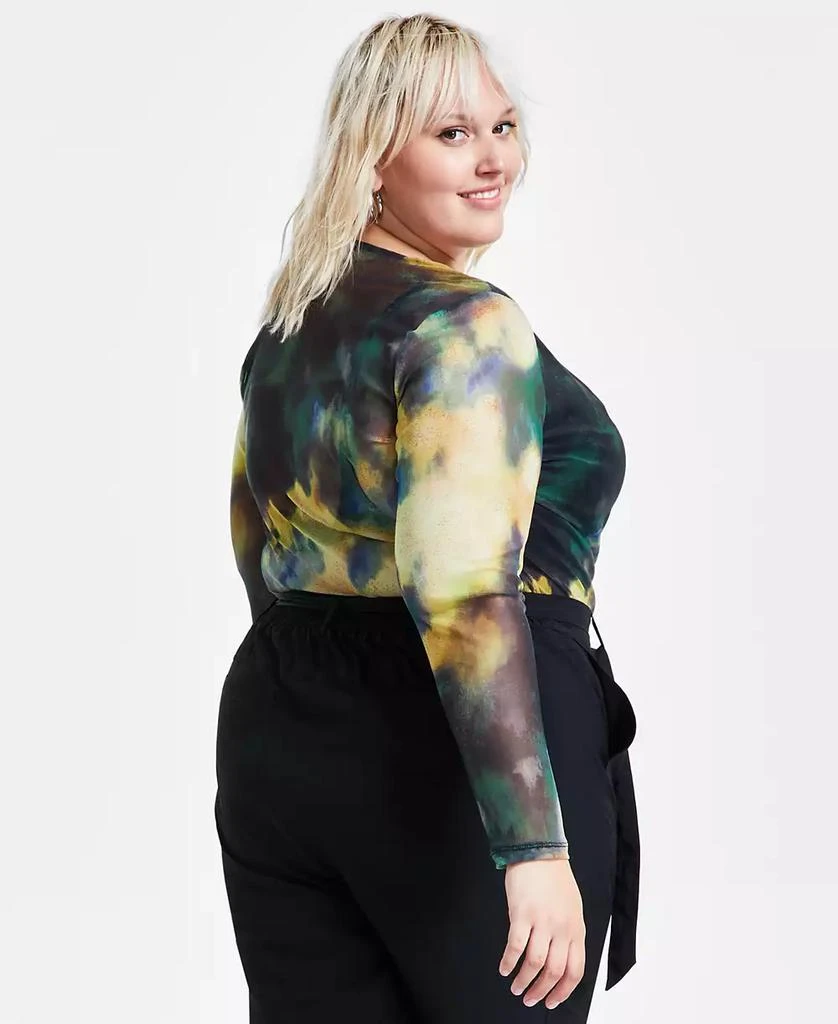 Bar III Trendy Plus Size Printed Mesh Cowlneck Top, Created for Macy's 2