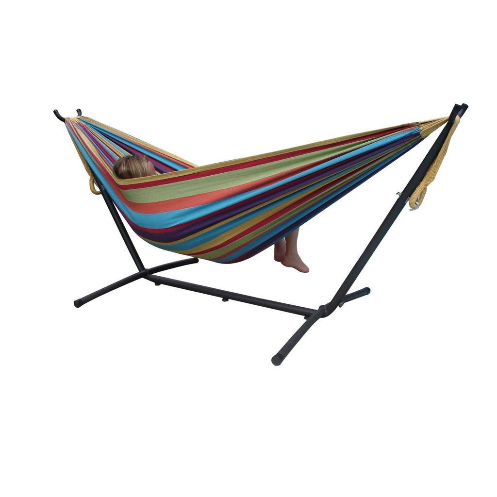 QuikFurn Tropical Fabric Double Hammock with 9-Foot Steel Stand