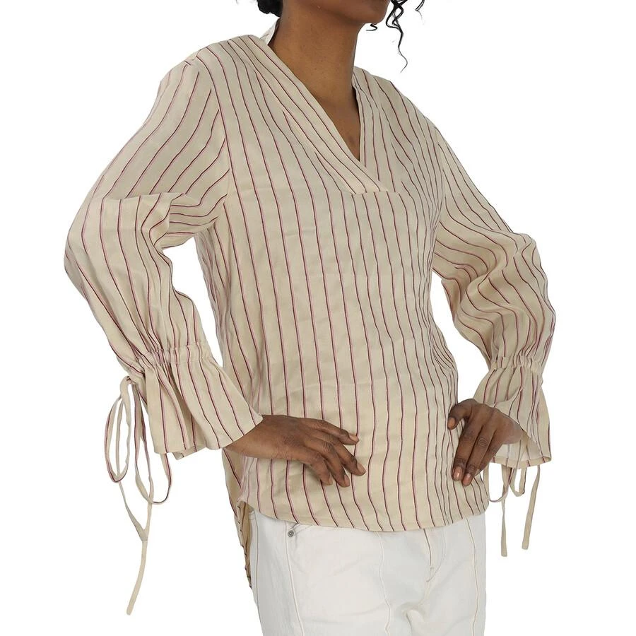 Benjamin Benmoyal Ladies Beige Stiped Linen V Collar Shirt 2