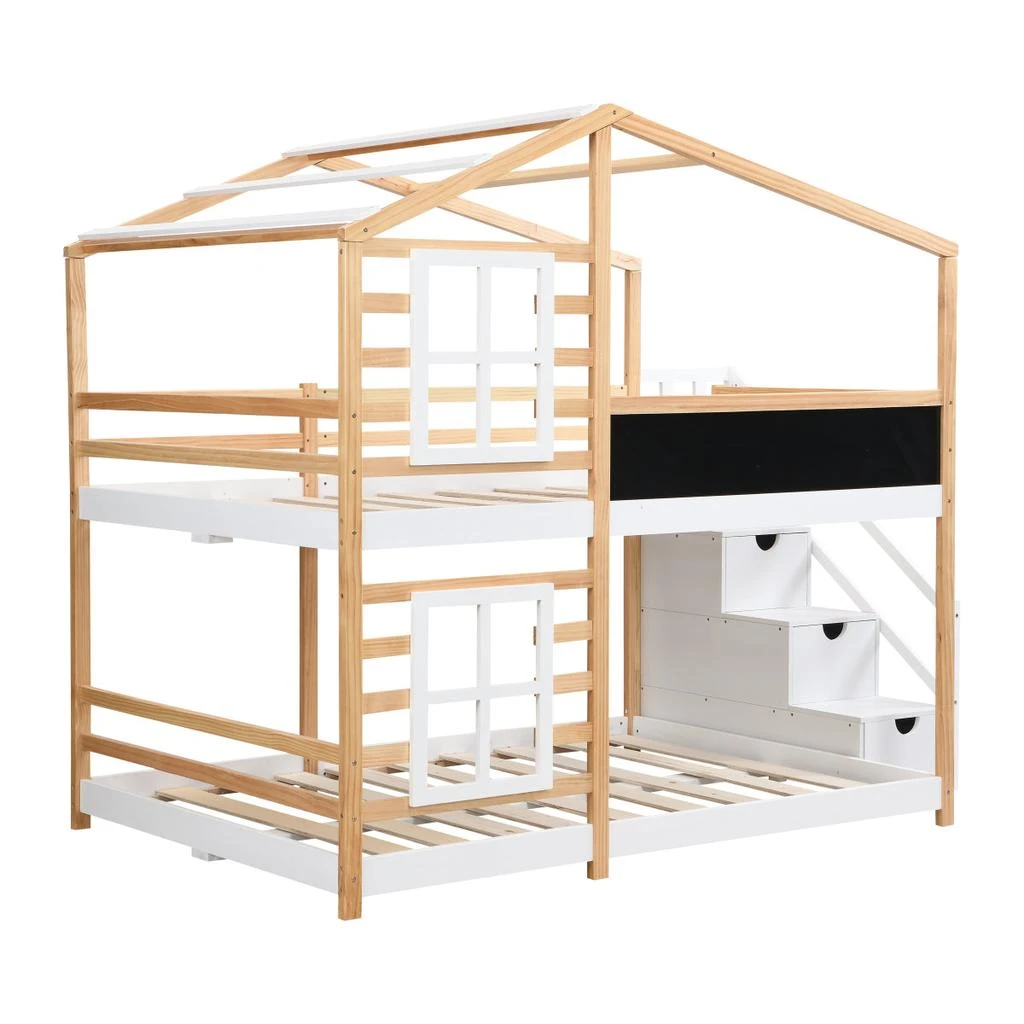 Streamdale Furniture Streamdale Full over Full Bunk Bed House Bed with Roof, Windows, Blackboard, Storage Ladder 4
