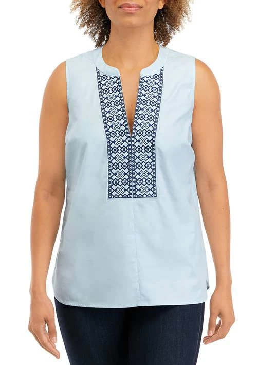 CHAPS Womens Embroidered Sleeveless Chambray Blouse 1