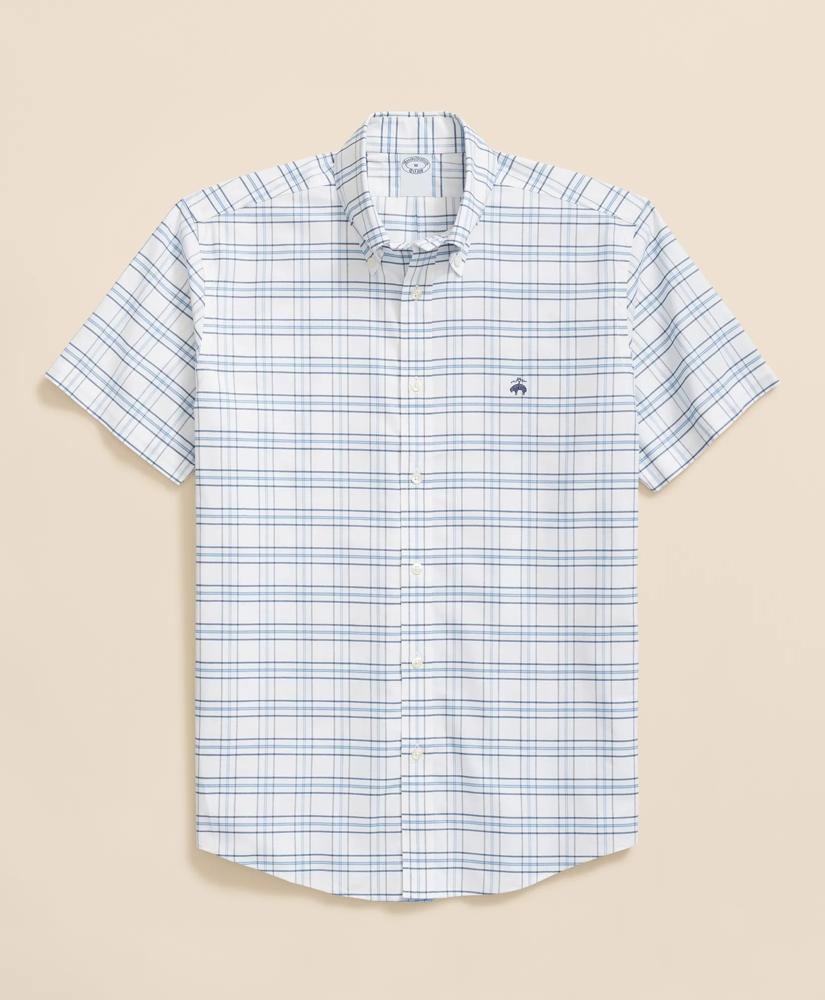 Brooks Brothers Stretch Cotton Non-Iron Oxford Polo Button-Down Collar, Grid Check Short-Sleeve Shirt