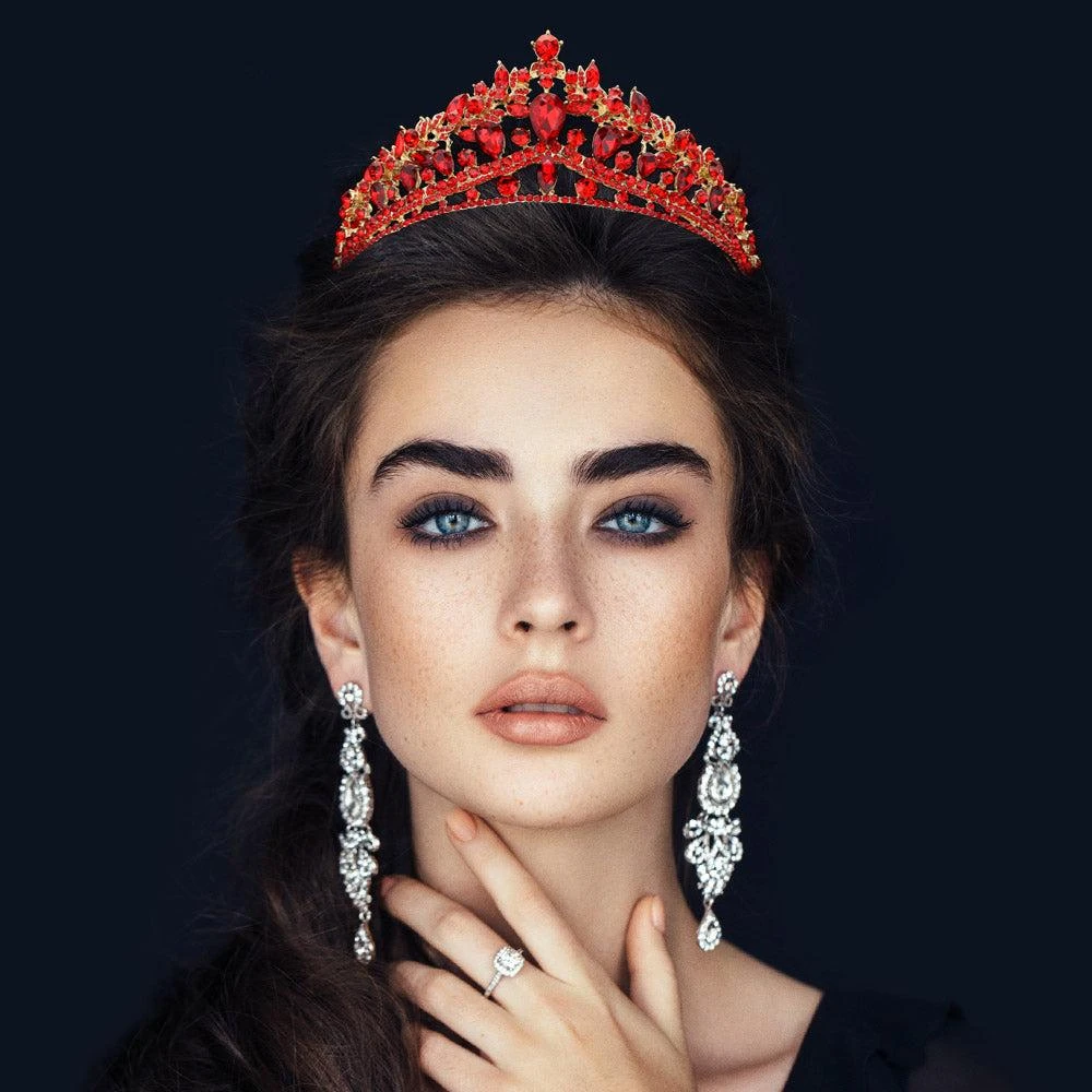 FASHNZFAB Teardrop Stone Cluster Accented Marquise Round Stone Embellished Pageant Princess Tiara