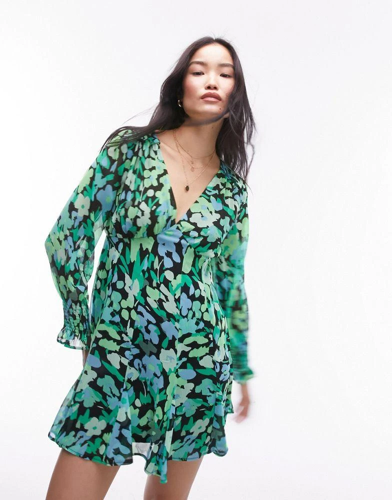 Topshop Topshop long sleeve godet mini tea dress in green floral print 1