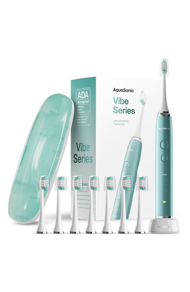 AQUASONIC VIBE SERIES Mint Green UltraSonic Whitening Toothbrush with 8 DuPont Brush Heads & Travel Case