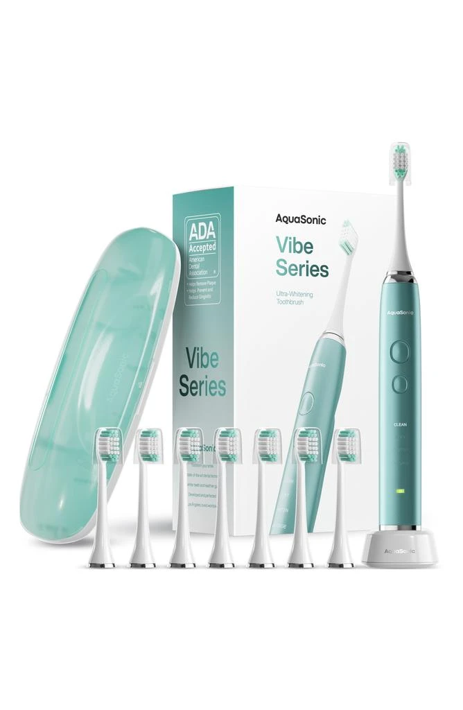 AquaSonic VIBE SERIES Mint Green UltraSonic Whitening Toothbrush with 8 DuPont Brush Heads & Travel Case 1