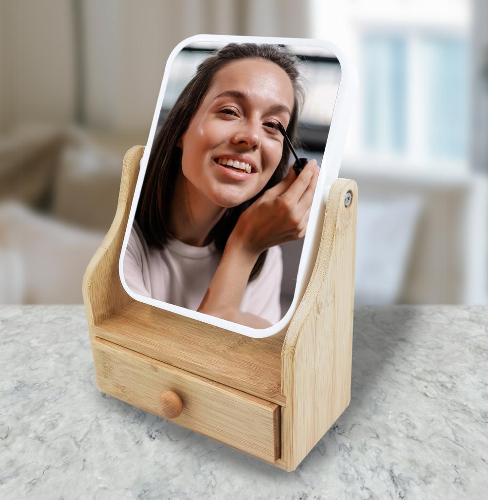 PURSONIC Dual-Sided Vanity Mirror with Bamboo Drawer Base