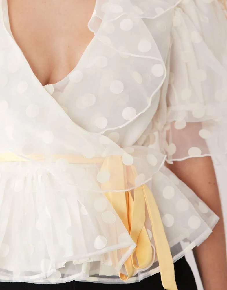 Sister Jane Dream Sister Jane cotton blend polka dot organza puff sleeve wrap top in ivory 4