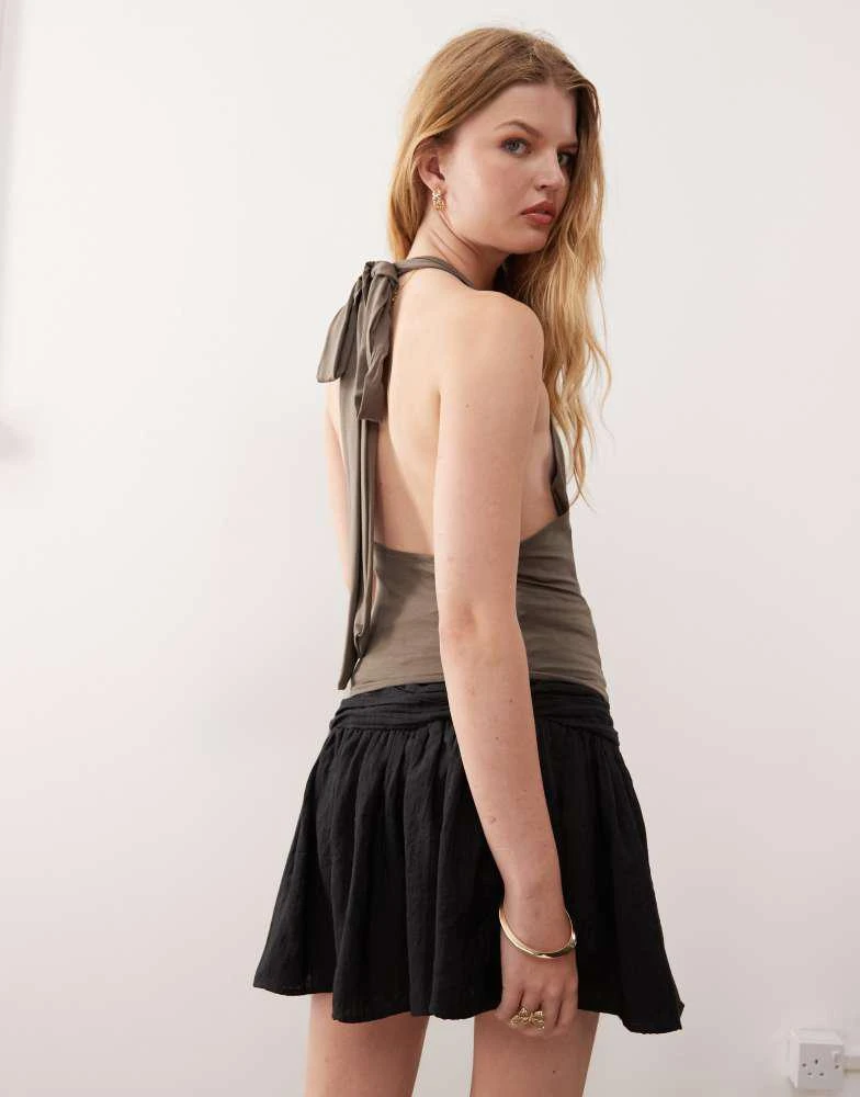Weekday Weekday plunge drape front halter neck top with low back in dark mole 4