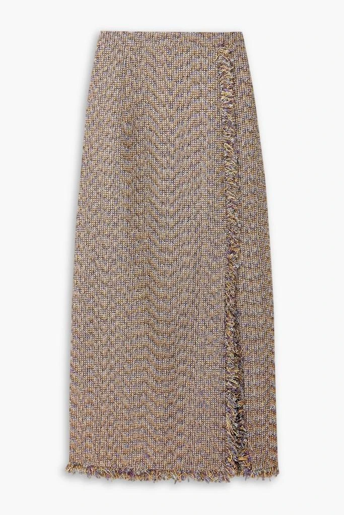 Huishan Zhang Gia wrap-effect fringed metallic tweed midi skirt 1