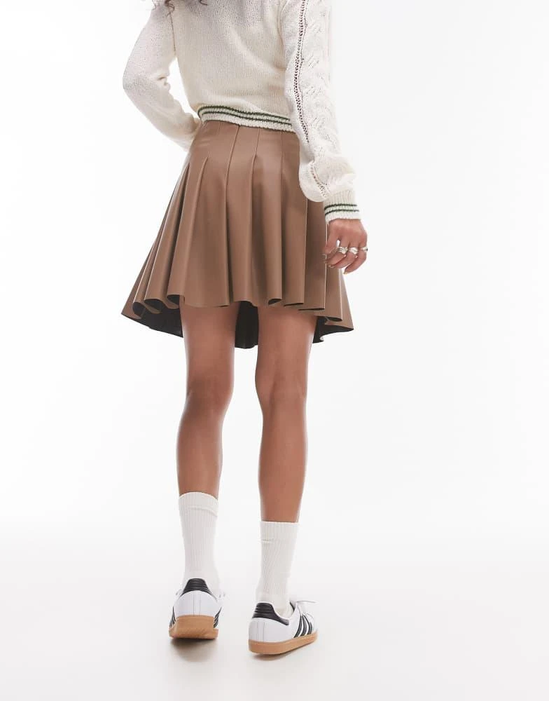 Topshop Topshop faux leather clean pleat mini skirt in coffee 4