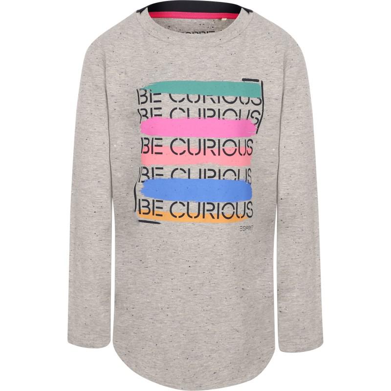 Esprit Be curious text rounded edge long sleeve t shirt in grey