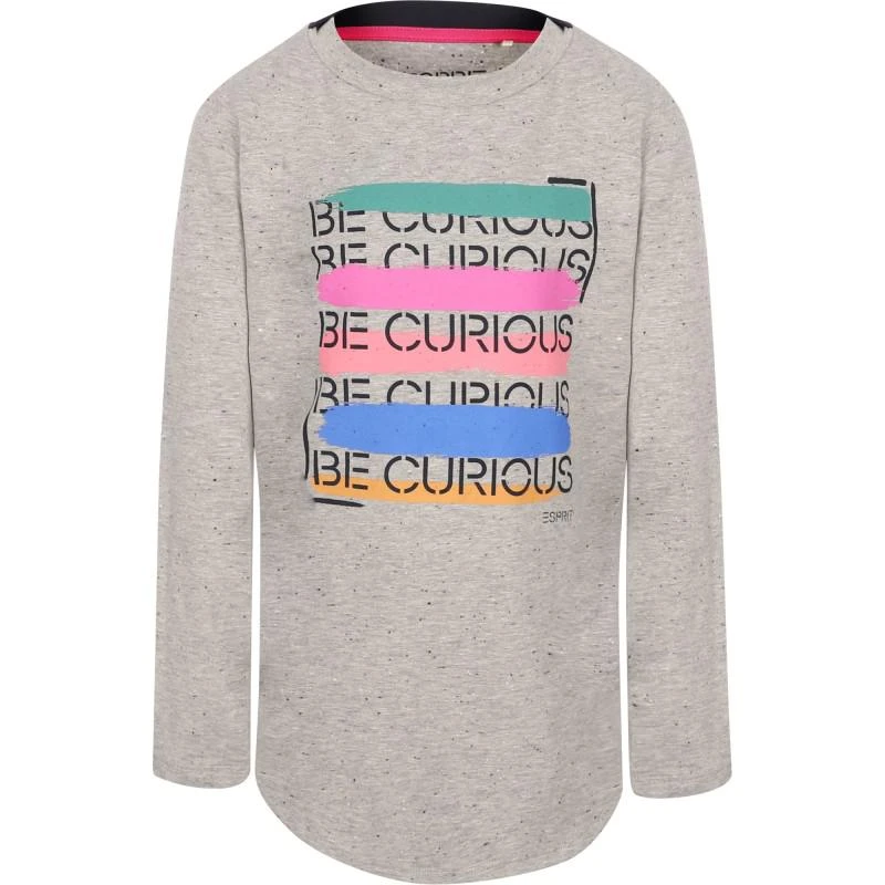 Esprit Be curious text rounded edge long sleeve t shirt in grey 1