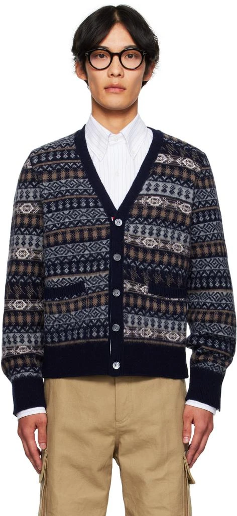 Thom Browne Navy Funmix Fair Aile Jacquard V-Neck Cardigan 1