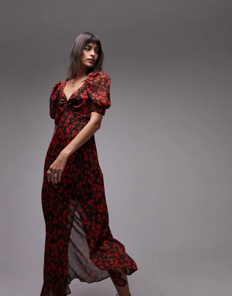 Topshop Topshop puff sleeve bias maxi dress in red print 1