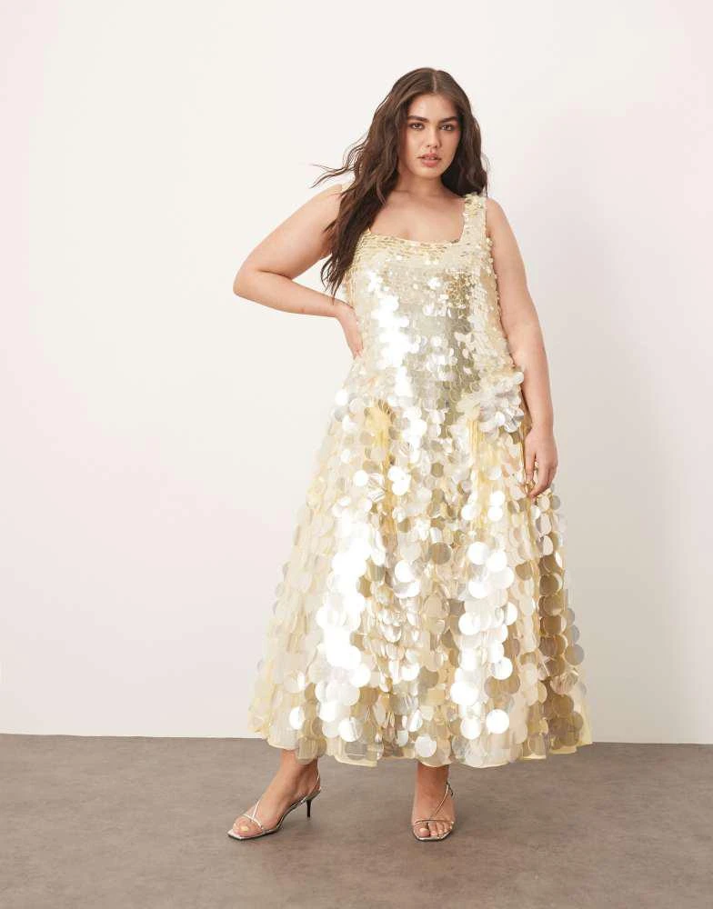 ARRANGE ARRANGE Curve embellished disc sequin square neck full skirt midi dress in lemon 1