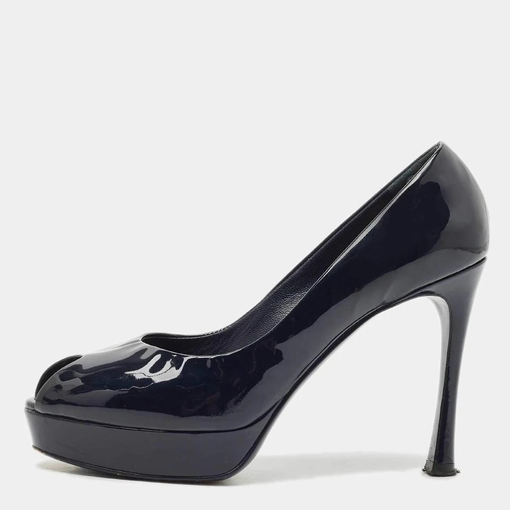 Shop Yves Saint Laurent Navy Blue Patent Leather Peep Toe Ankle