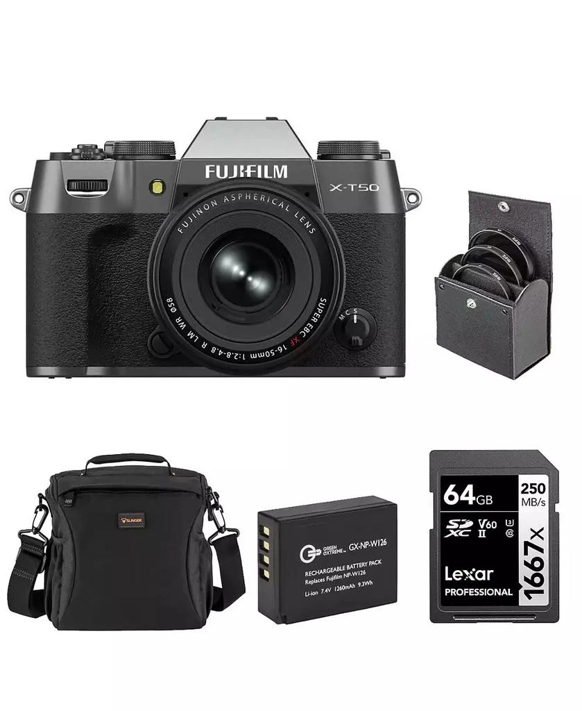 Fujifilm X-T50 Mirrorless Camera with XF 16-50mm f/2.8-4.8 R LM WR Lens, Charcoal Silver, Bundle with Li-Ion Battery, 64GB SDXC Memory Card and 58mm Filter Kit