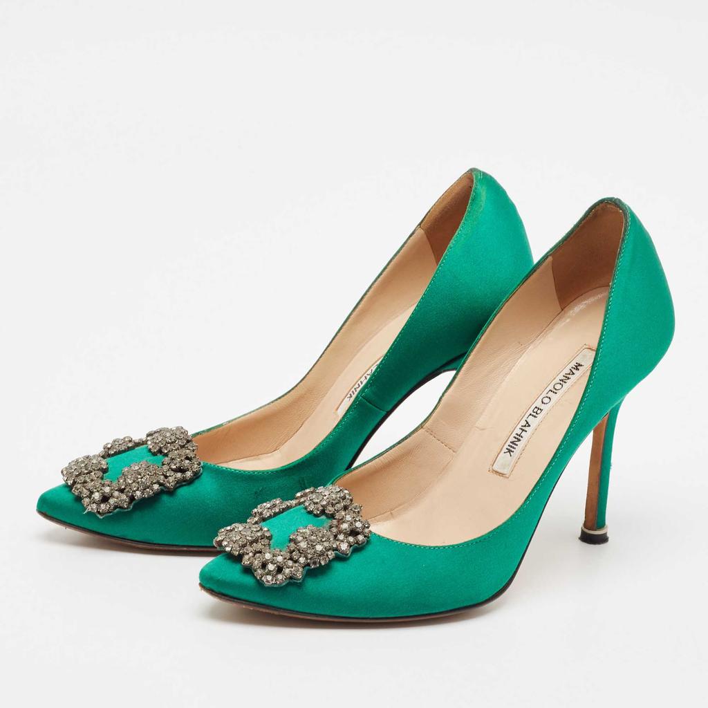 Manolo Blahnik Manolo Blahnik Green Satin Hangisi Crystal Embellished Pumps Size 34.5