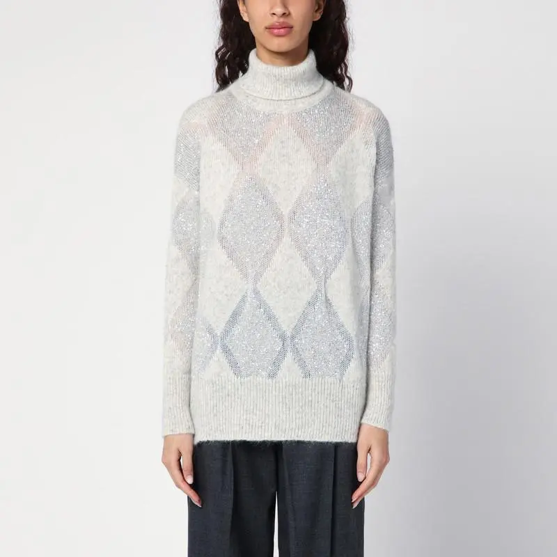 Brunello Cucinelli Pearl grey Dazzling Argyle turtleneck jumper
