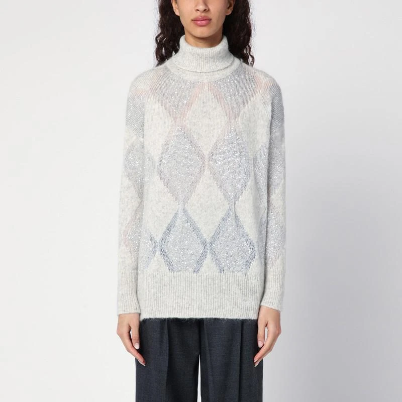 Brunello Cucinelli Pearl grey Dazzling Argyle turtleneck jumper