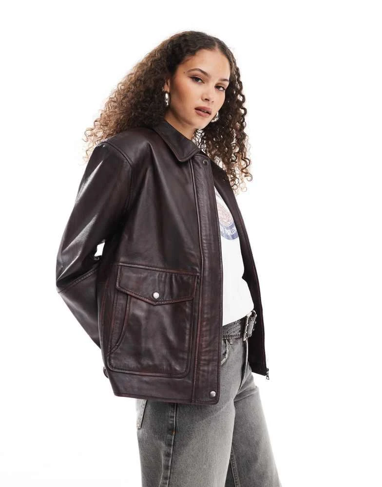 Urbancode Urbancode cracked leather patch pocket harrington jacket in deep red 1