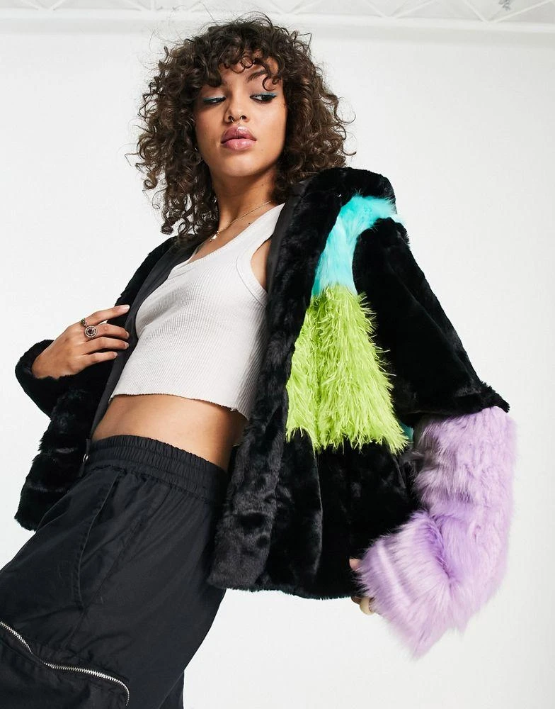 The Ragged Priest The Ragged Priest multi panelled faux fur jacket in multi 1