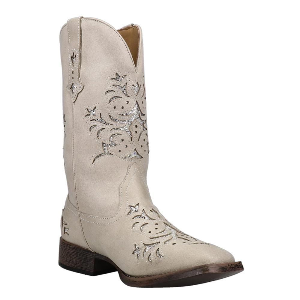 Roper Kennedy Tooled-Inlay Glitter Square Toe Pull On Cowboy Boots