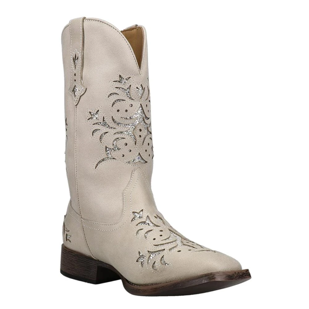 Roper Kennedy Tooled-Inlay Glitter Square Toe Pull On Cowboy Boots 2