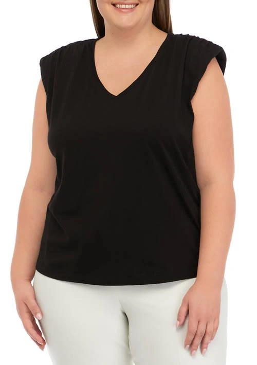 THE LIMITED Limited Plus Size V Neck Shoulder Pad Solid T Shirt 1