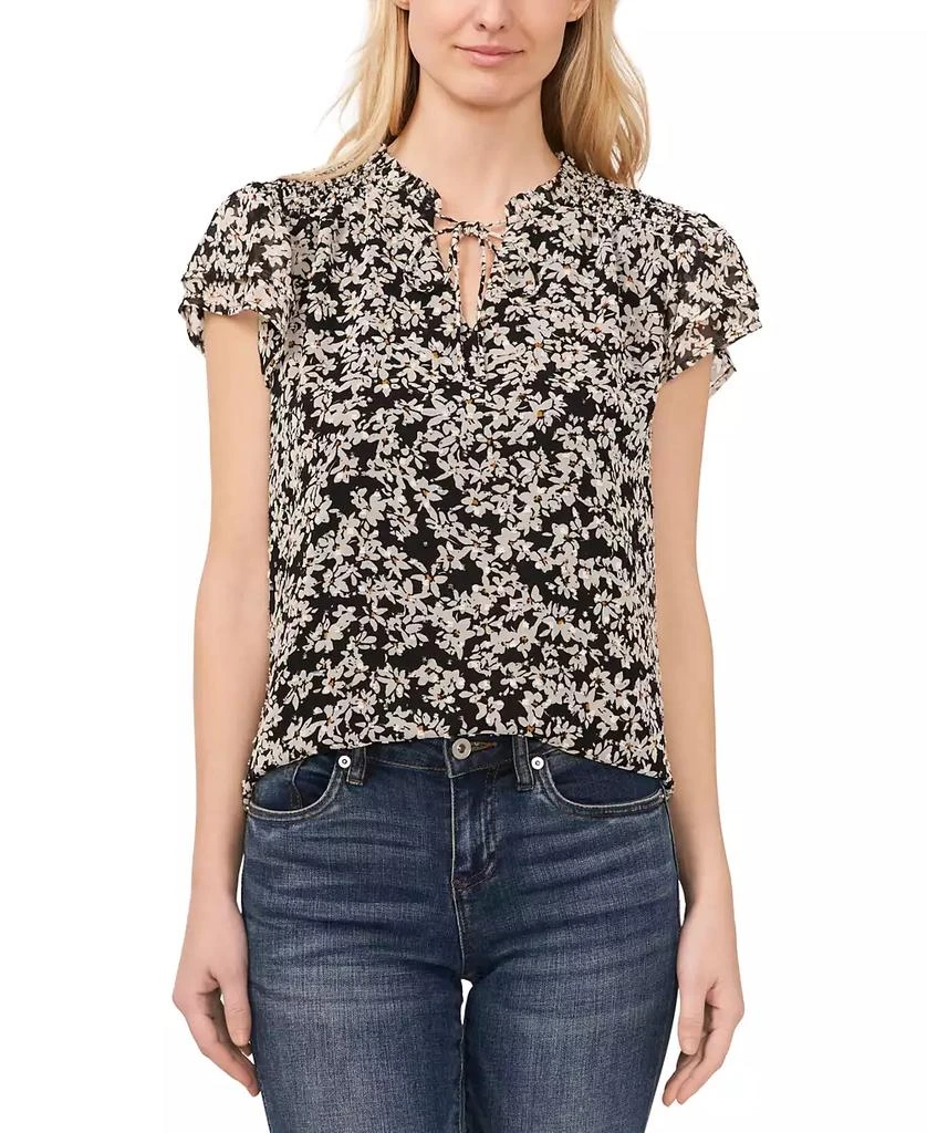 CeCe Women's Floral Clip-Dot Tie-Neck Flutter-Sleeve Top 1
