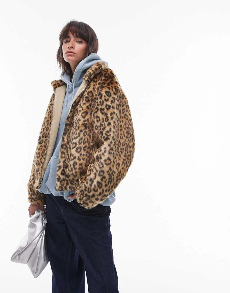 Topshop Topshop faux fur leopard print zip through bomber jacket in multi 1