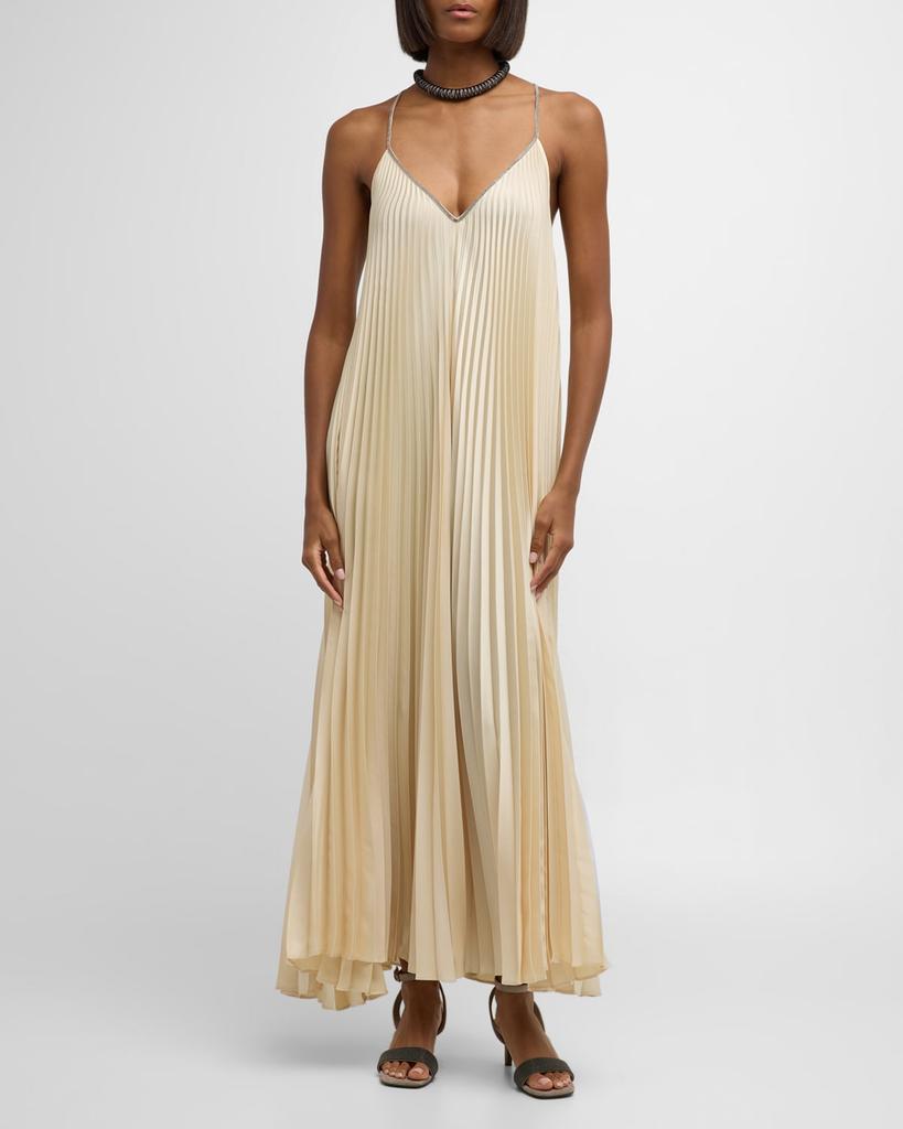 Brunello Cucinelli Soft Satin Pleated Midi Dress with Monili Strap Detail