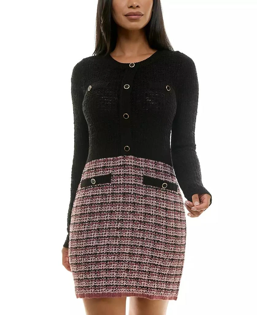 BCX Juniors' Button-Trim Tweed-Skirt Sweater Dress 1