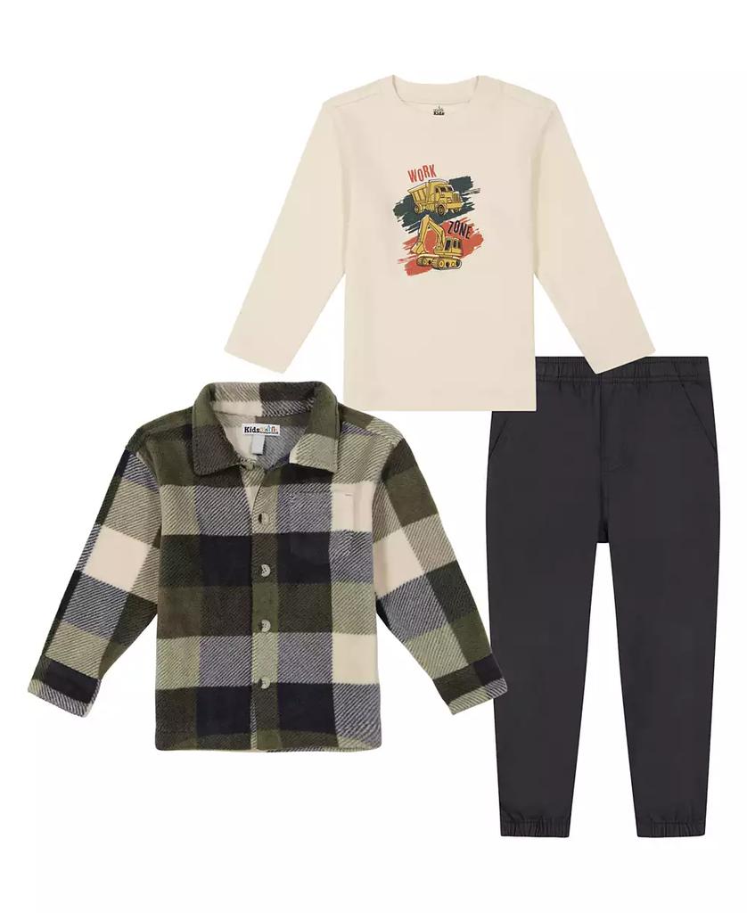 KIDS HEADQUARTERS Toddler and Little Boys, Plaid Polar Fleece Shacket, Hooded Tee Twill Joggers