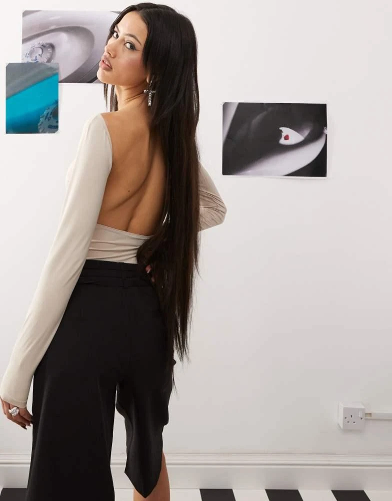 Princess Polly Princess Polly double layered slinky wide neck long sleeve open back body in cream 2