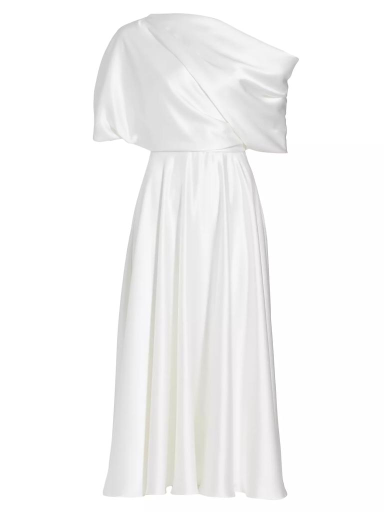 Amsale Draped Off-The-Shoulder Satin Midi-Dress