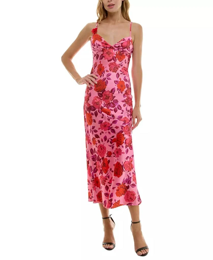 Crystal Doll Juniors' Strappy Floral Satin Maxi Dress 1