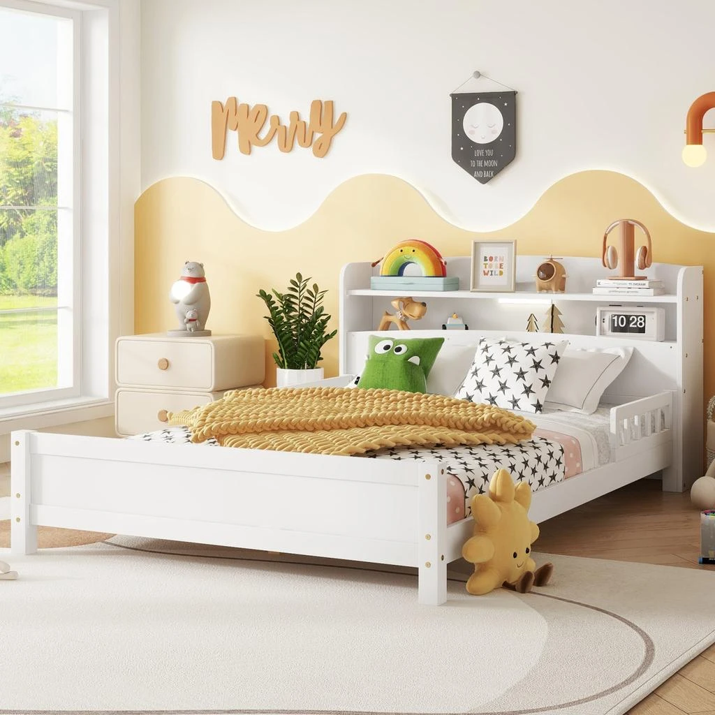 Streamdale Furniture Streamdale Pine Wood Bed with Bookcase Headboard, LED 
Guardrails, White 5