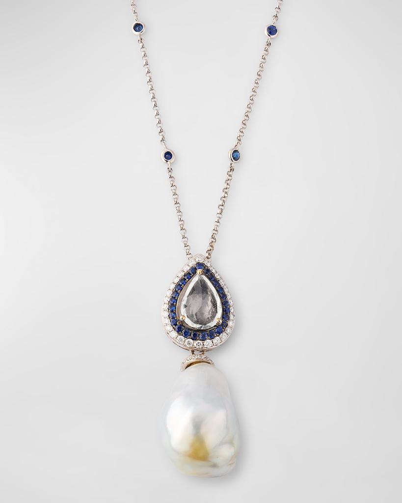 BELPEARL 18K White Gold Moonstone, Sapphire and Diamond Necklace with Pearl Pendant, 18"L
