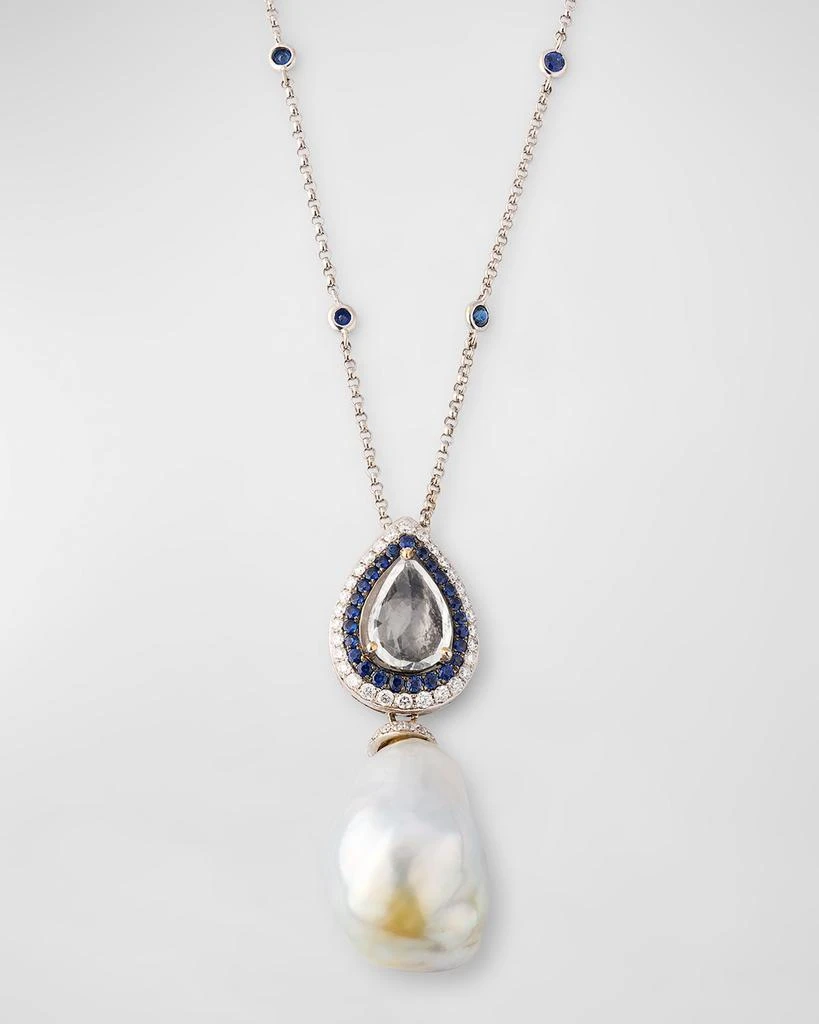 BELPEARL 18K White Gold Moonstone, Sapphire and Diamond Necklace with Pearl Pendant, 18"L 1