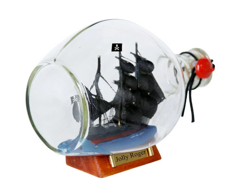Handcrafted Cast Iron Captain Hook's Jolly Roger from Peter Pan Pirate Ship in a Glass Bottle 7" 3