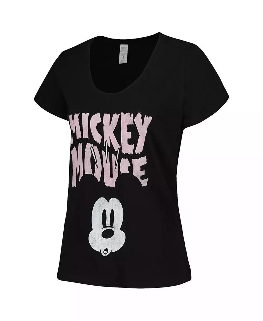 Mad Engine Women's Black Distressed Mickey Mouse Face Scoop Neck T-shirt