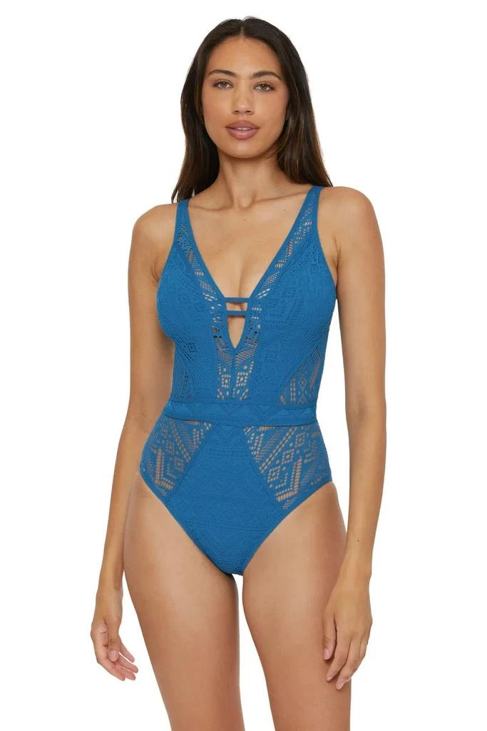 Becca Color Play Swimsuits Women's Lagoon Crochet Plunge One Piece RED283 from Premium Outlets