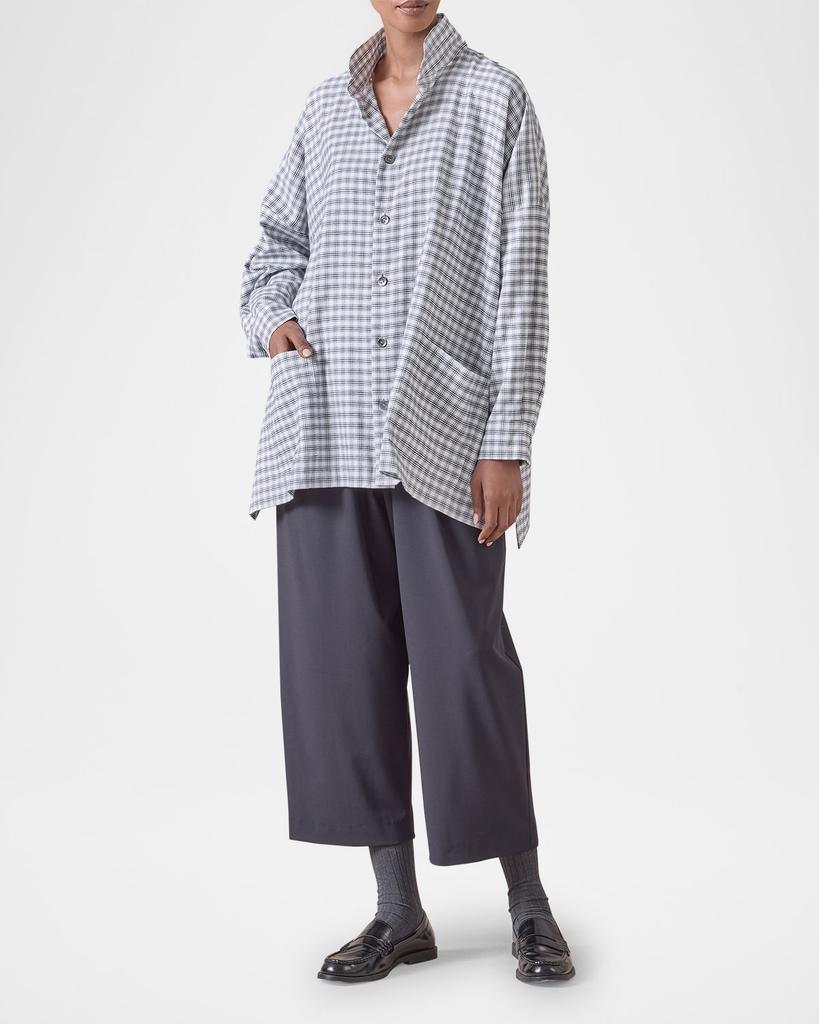 Eskandar Mini Houndstooth Wide Longer-Back Double Stand-Collar Shirt Jacket (Long Length)