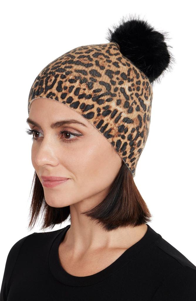 Sofia Cashmere Faux Fur Pom Cashmere Lurex Knit Beanie