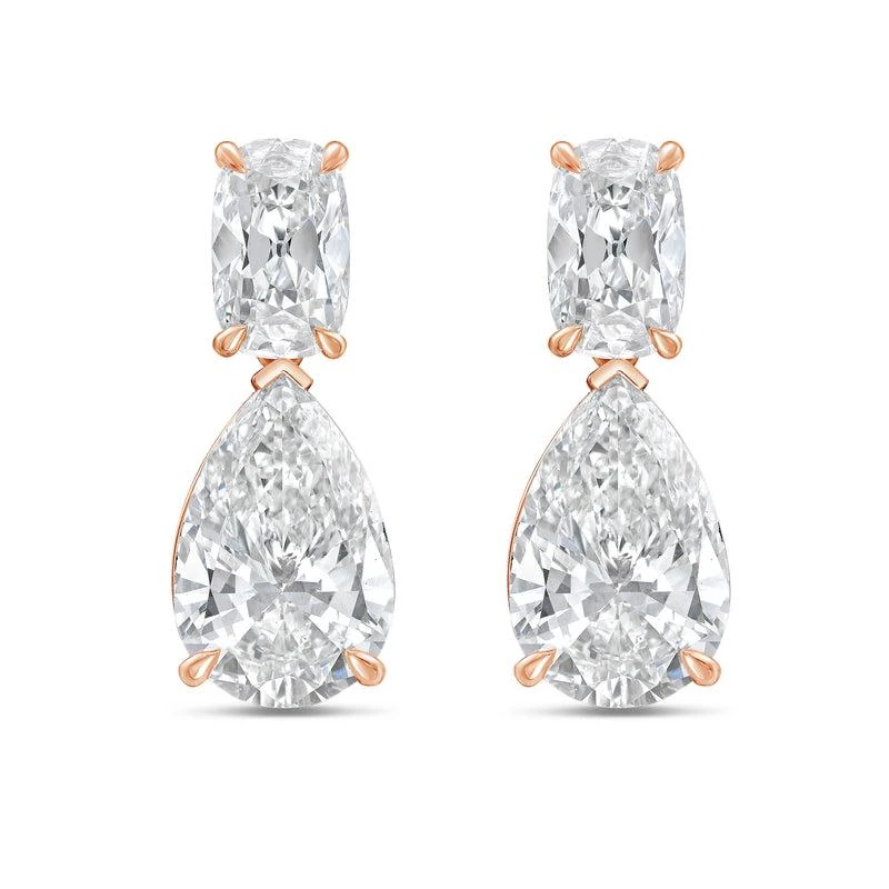 Diana M Jewels 14KW RG Drop Earrings 10.00 Ct TW of Lab grown cushion and pear shape diamonds